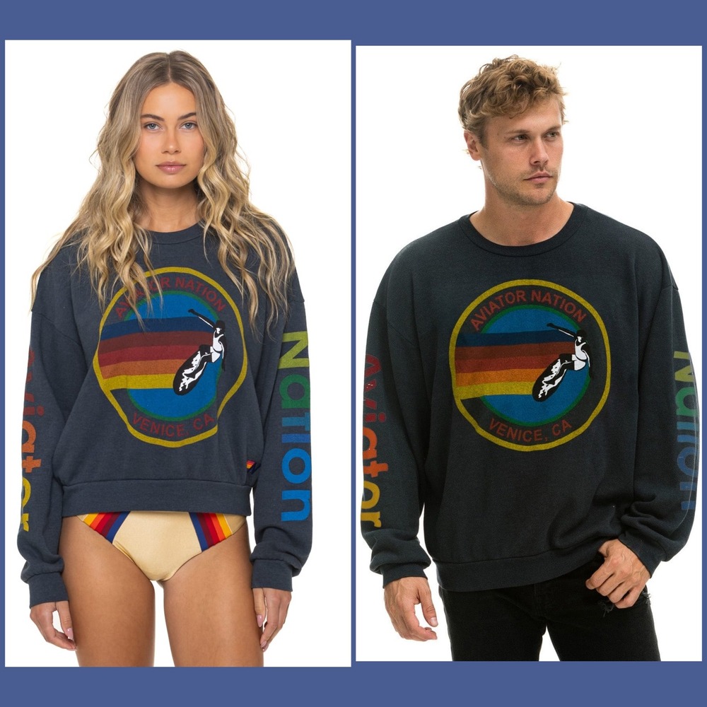 Aviator Nation Relaxed Crew Sweatshirt Charcoal Rainbow Logo‎ Unisex XL
